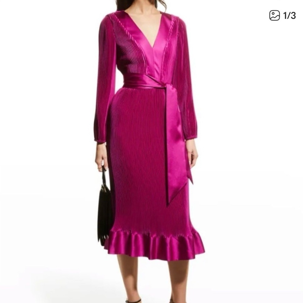 Milly Pleated Midi Dress with Satin Sash in Fuchsia